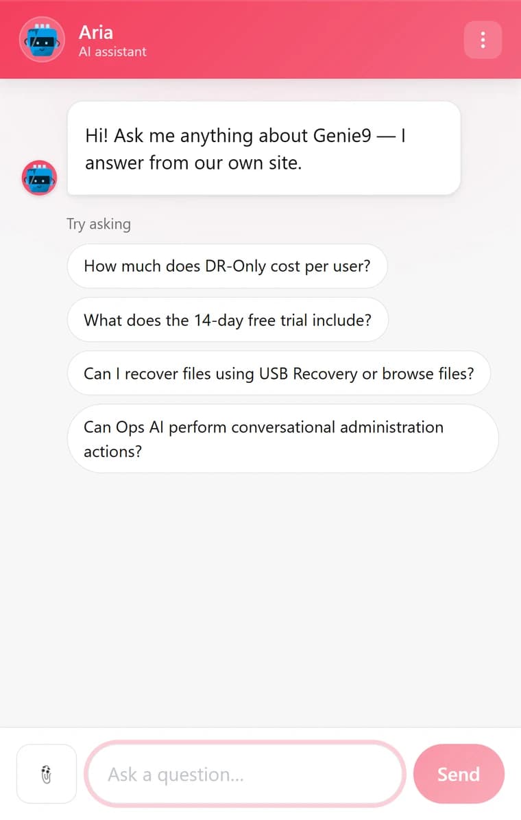 The Genie AI chat widget with Rose Pink (#f43f5e) as the brand colour, carried through the header, the avatar ring, the composer and the Send button
