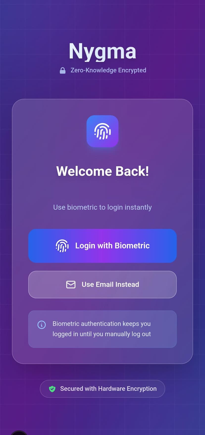 Nygma mobile app preview - Zero-knowledge encrypted file storage on mobile
