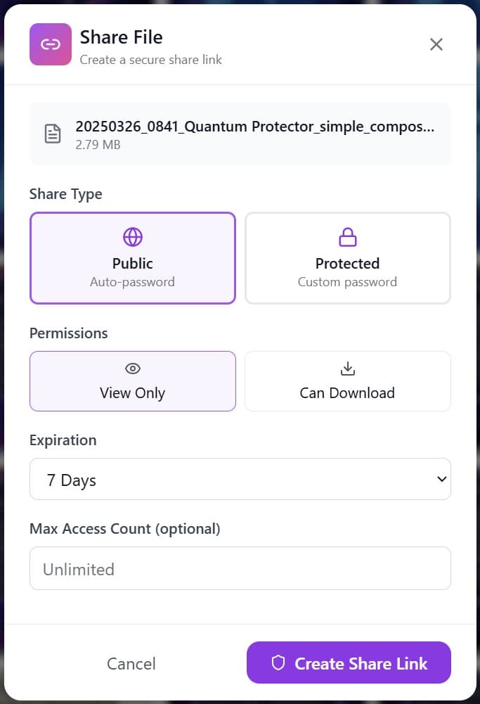 Nygma share dialog interface with options for link sharing, permissions, and security settings