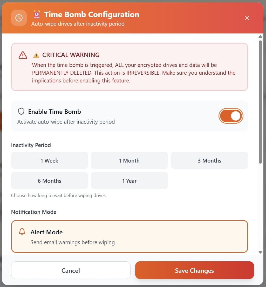 Time Bomb Auto-Deletion Interface - Configure inactivity periods and alert modes